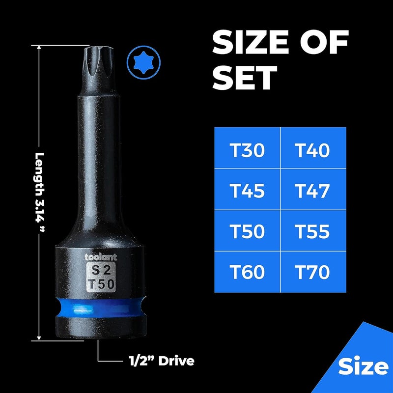 toolant Impact Torx Bit Socket Set 8pcs(T30-T70),1/2" S2 Steel Air Drive Star Sockets, High Impact Bits,Professional Mechanic & Automotive Repair Socket Set - Image 5